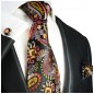 Preview: Krawatte rot gelb paisley Seidenkrawatte - Seide - Krawatte mit Einstecktuch und Manschettenknöpfe