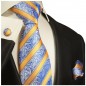 Preview: Krawatte blau gelb gestreift Seidenkrawatte - Seide - Krawatte mit Einstecktuch und Manschettenknöpfe