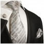 Preview: Krawatte grau gestreift Seidenkrawatte - Seide - Krawatte mit Einstecktuch und Manschettenknöpfe