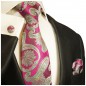 Preview: Krawatte pink grün paisley Seidenkrawatte - Seide - Krawatte mit Einstecktuch und Manschettenknöpfe