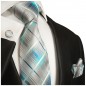 Preview: Krawatte türkis grau gestreift Seidenkrawatte - Seide - Krawatte mit Einstecktuch und Manschettenknöpfe