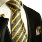 Preview: Schwarz gold XL Krawatten Set 3tlg. (extra lange 165cm) 100% Seide + Einstecktuch + Manschettenknöpfe 931