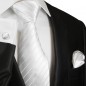 Preview: Krawatte weiß uni gestreift Seide mit Einstecktuch und Manschettenknöpfe