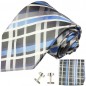 Preview: Krawatte blau Schottenmuster Seidenkrawatte - Seide - Krawatte mit Einstecktuch und Manschettenknöpfe