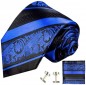 Preview: Krawatte blau barock gestreift Seidenkrawatte - Seide - Krawatte mit Einstecktuch und Manschettenknöpfe