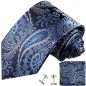 Preview: Krawatte blau paisley Seidenkrawatte - Seide - Krawatte mit Einstecktuch und Manschettenknöpfe