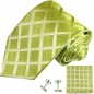 Preview: Krawatte grün kariert Seidenkrawatte - Seide - Krawatte mit Einstecktuch und Manschettenknöpfe