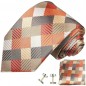 Preview: Krawatte orange grau kariert Seidenkrawatte - Seide - Krawatte mit Einstecktuch und Manschettenknöpfe
