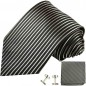 Preview: Krawatte schwarz silber gestreift Seidenkrawatte - Seide - Krawatte mit Einstecktuch und Manschettenknöpfe
