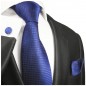 Preview: Krawatte blau uni Seidenkrawatte - Seide - Krawatte mit Einstecktuch und Manschettenknöpfe