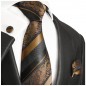 Preview: Krawatte braun barock gestreift Seidenkrawatte - Seide - Krawatte mit Einstecktuch und Manschettenknöpfe