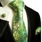 Preview: Krawatte grün gold paisley Seidenkrawatte - Seide - Krawatte mit Einstecktuch und Manschettenknöpfe