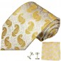 Preview: Krawatte ivory gold paisley Seidenkrawatte - Seide - Krawatte mit Einstecktuch und Manschettenknöpfe