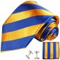 Preview: Krawatte blau orange gestreift Seidenkrawatte - Seide - Krawatte mit Einstecktuch und Manschettenknöpfe