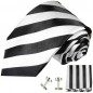 Preview: Krawatte schwarz weiss gestreift Seidenkrawatte - Seide - Krawatte mit Einstecktuch und Manschettenknöpfe