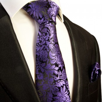 Schwarz violettes Krawatten Set 2tlg 100% Seide + Einstecktuch 353
