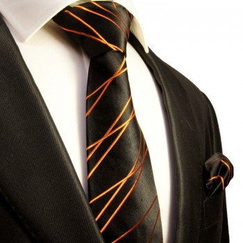 Schwarz oranges Krawatten Set 2tlg 100% Seide + Einstecktuch 359
