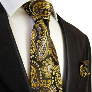 Schwarz gelbe paisley Krawatten Set 2tlg + Einstecktuch 550