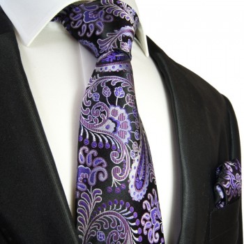 Schwarz lila paisley Krawatten Set 2tlg + Einstecktuch 552