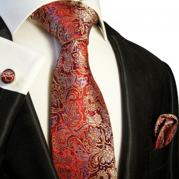Rotes paisley Krawatten Set 3tlg + Einstecktuch + Manschettenknoepfe 350