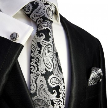 Black paisley necktie set 3pcs 100% silk tie + handkerchief + cufflinks 352