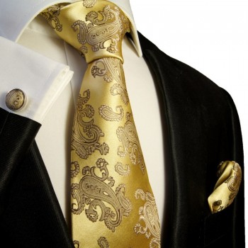Gold paisley necktie set 3pcs 100% silk tie + handkerchief + cufflinks 354
