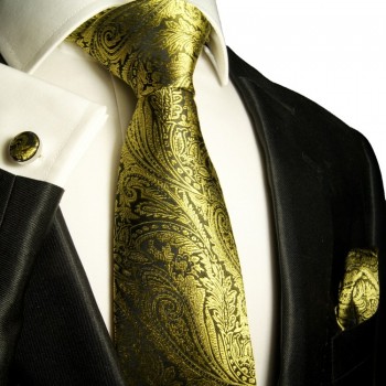Gold necktie set 3pcs 100% silk tie + handkerchief + cufflinks 358