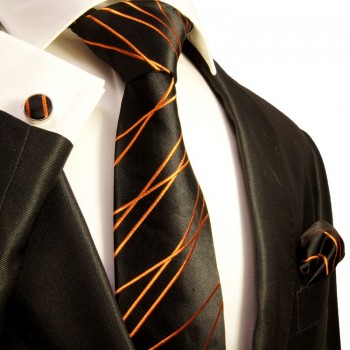 Black orange necktie set 3pcs 100% silk tie + handkerchief + cufflinks 359