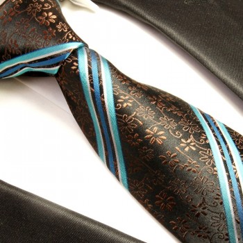 Krawatte braun blau 100% Seide floral gestreift 394