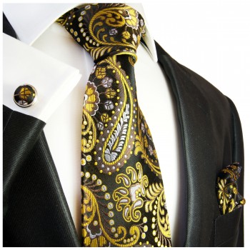 Schwarz gelbes paisley Krawatten Set 3tlg 100% Seidenkrawatte + Einstecktuch + Manschettenknöpfe 550