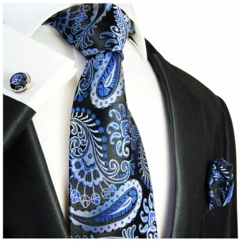 Schwarz blaues paisley Krawatten Set 3tlg 100% Seidenkrawatte + Einstecktuch + Manschettenknöpfe 551