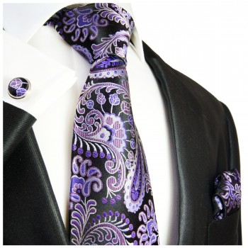 Schwarz lila paisley Krawatten Set 3tlg 100% Seidenkrawatte + Einstecktuch + Manschettenknöpfe 552