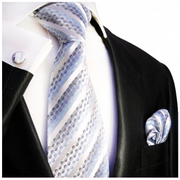 Krawatte blau gestreift Seidenkrawatte - Seide - Krawatte mit Einstecktuch und Manschettenknöpfe