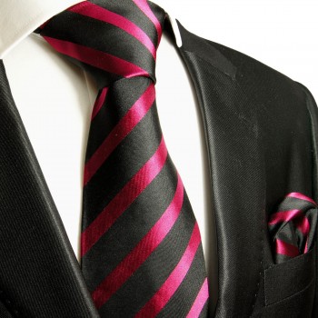 Necktie Set 2pcs. Black Pink Striped 100% Silk Mens Tie + Handkerchief 463