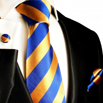 Krawatte blau orange gestreift Seidenkrawatte - Seide - Krawatte mit Einstecktuch und Manschettenknöpfe