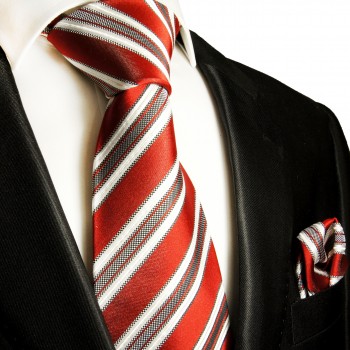 Krawatten Set 2tlg 100% Seide rot grau Seidenkrawatte mit Einstecktuch 424