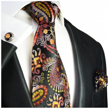 Black red yellow paisley mens tie Set 3pcs. silk necktie + pocket square + cufflinks 553