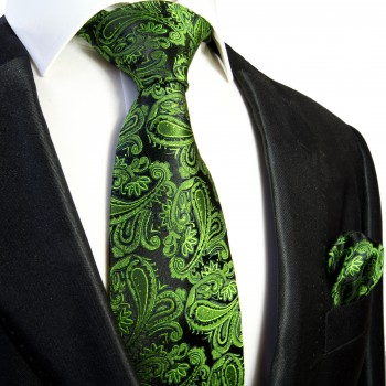 Schwarz grünes Krawatten Set 2tlg 100% Seidenkrawatte mit Einstecktuch 509