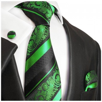 grün schwarzes Krawatten Set 3tlg 100% Seidenkrawatte + Einstecktuch + Manschettenknöpfe 494