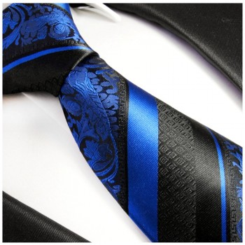 Krawatte blau barock gestreift Seidenkrawatte - Seide - Krawatte mit Einstecktuch und Manschettenknöpfe