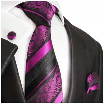 Pink schwarzes Krawatten Set 3tlg 100% Seidenkrawatte + Einstecktuch + Manschettenknöpfe 497