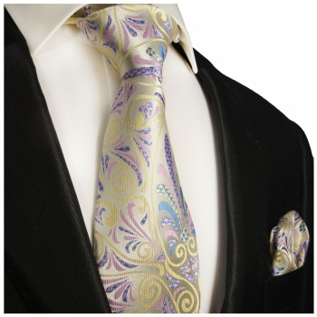 Necktie Set 2pcs. yellow pink floral wedding 100% Silk Mens Tie + Handkerchief 489