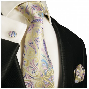 yellow pink mens tie Set 3pcs. silk necktie + pocket square + cufflinks 489