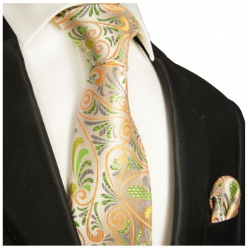 Orange grün florales Krawatten Set 2tlg 100% Seidenkrawatte mit Einstecktuch 490