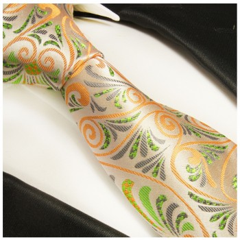 Krawatte orange grün floral Seidenkrawatte - Seide - Krawatte mit Einstecktuch und Manschettenknöpfe