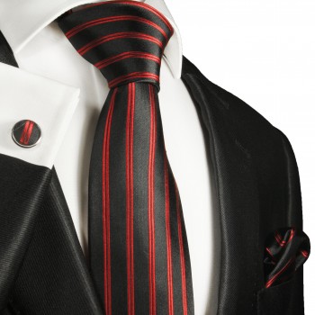 Schwarz rot gestreiftes Krawatten Set 3tlg 100% Seidenkrawatte + Einstecktuch + Manschettenknöpfe 988