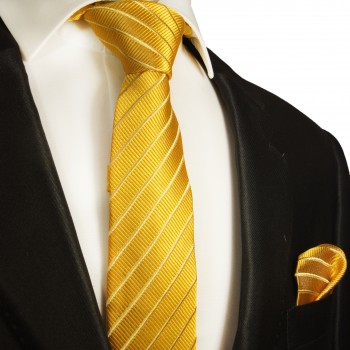Necktie Set 2pcs. skinny gold striped wedding 100% Silk Mens Tie + Handkerchief 940-schmal