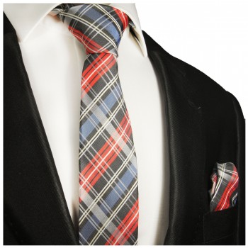 Schmales Schottenmuster blau rotes Krawatten Set 2tlg 100% Seidenkrawatte mit Einstecktuch 636-schmal