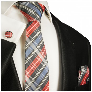 Skinny tartan blue red mens tie Set 3pcs. silk necktie + pocket square + cufflinks 636-schmal