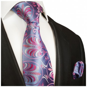 Silk Necktie Set 2pcs. mens tie and pocket square plue pink floral 1011
